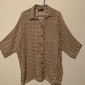 Bon Bon Sheer 100% Linen Taupe Button Down Blouse/Cover Up